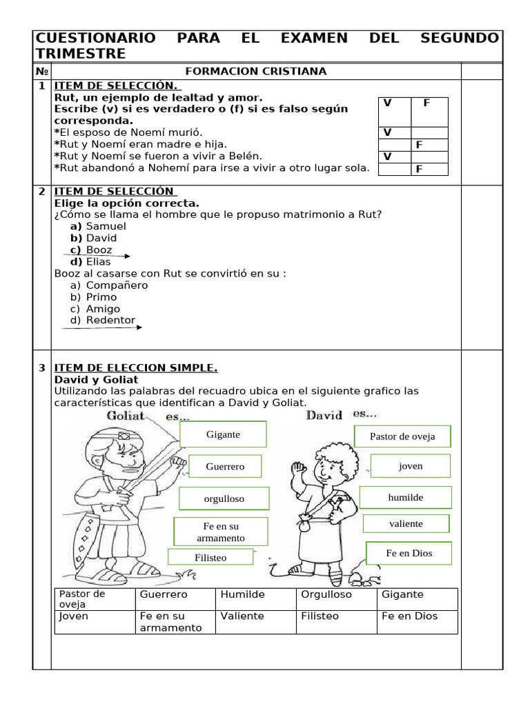 Cuestionario para El Examen de Formación Cristiana Del Segundo ...
