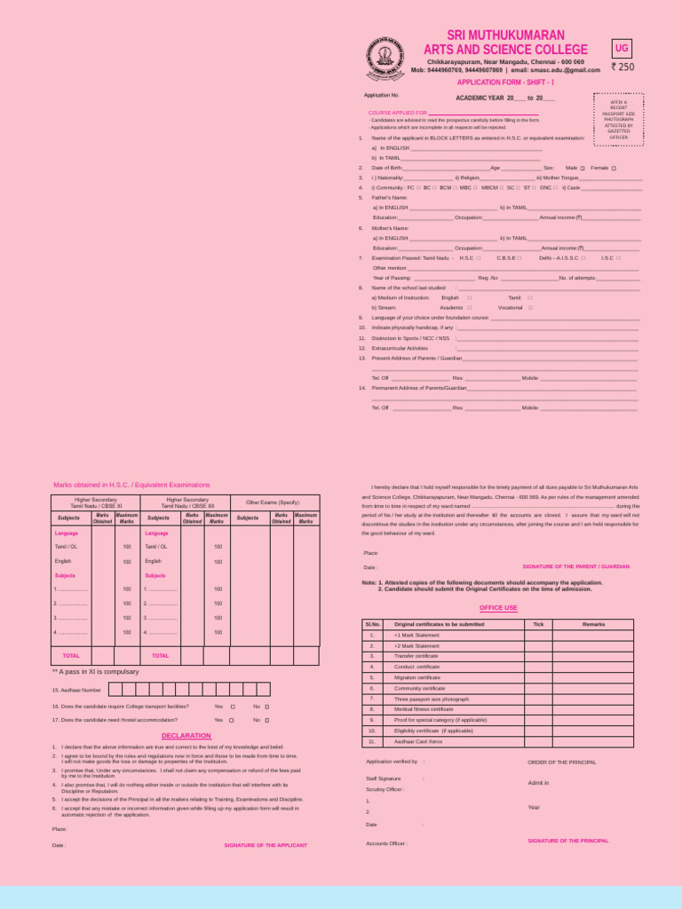 Sri Muthukumaran Arts and Science College: Application Form - Shift | PDF