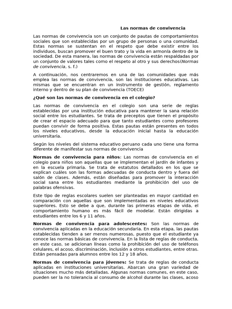 Normas de Convivencia Escolar Esenciales | PDF | Educación de la ...