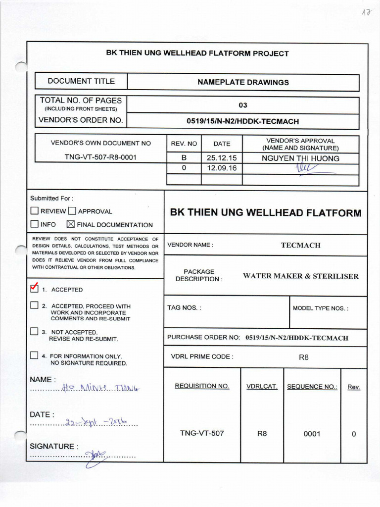 17 TNG VT 507 R8 0001 Rev0. Name Plate Drawing - Code1 | PDF