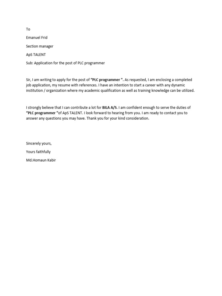 PLC Programmer Job Application Letter | PDF
