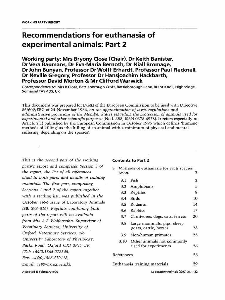 Close Et Al 1997 Recommendations for Euthanasia of Experimental Animals