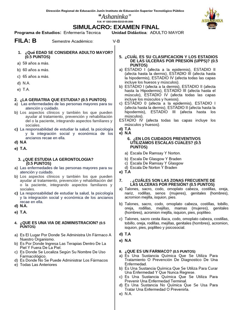 Examen de Adulto Mayor Fila B | PDF | Dolor lumbar | Infarto de miocardio