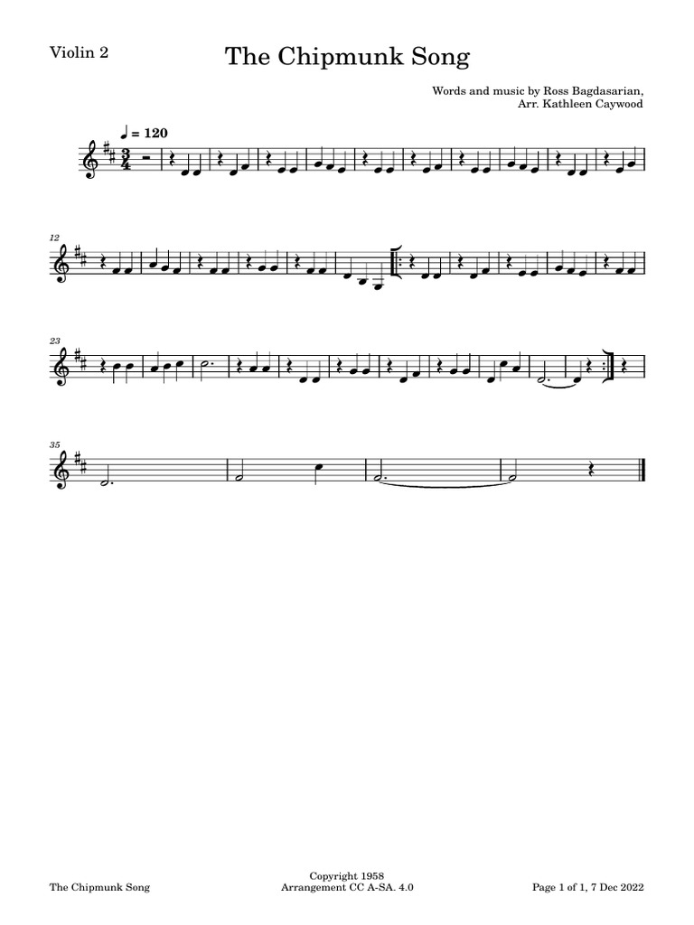 The Chipmunk Song Violin 2 Arrangement | PDF