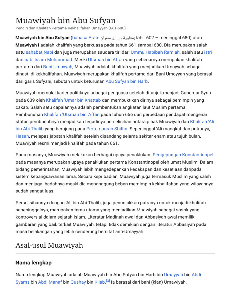 Muawiyah I: Khalifah Pertama Umayyah | PDF