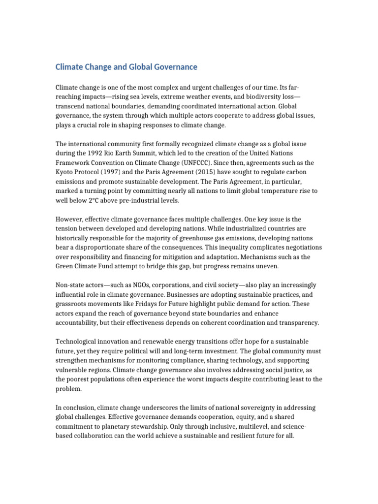 Climate Change and Global Governance Challenges | PDF | Climate Change ...