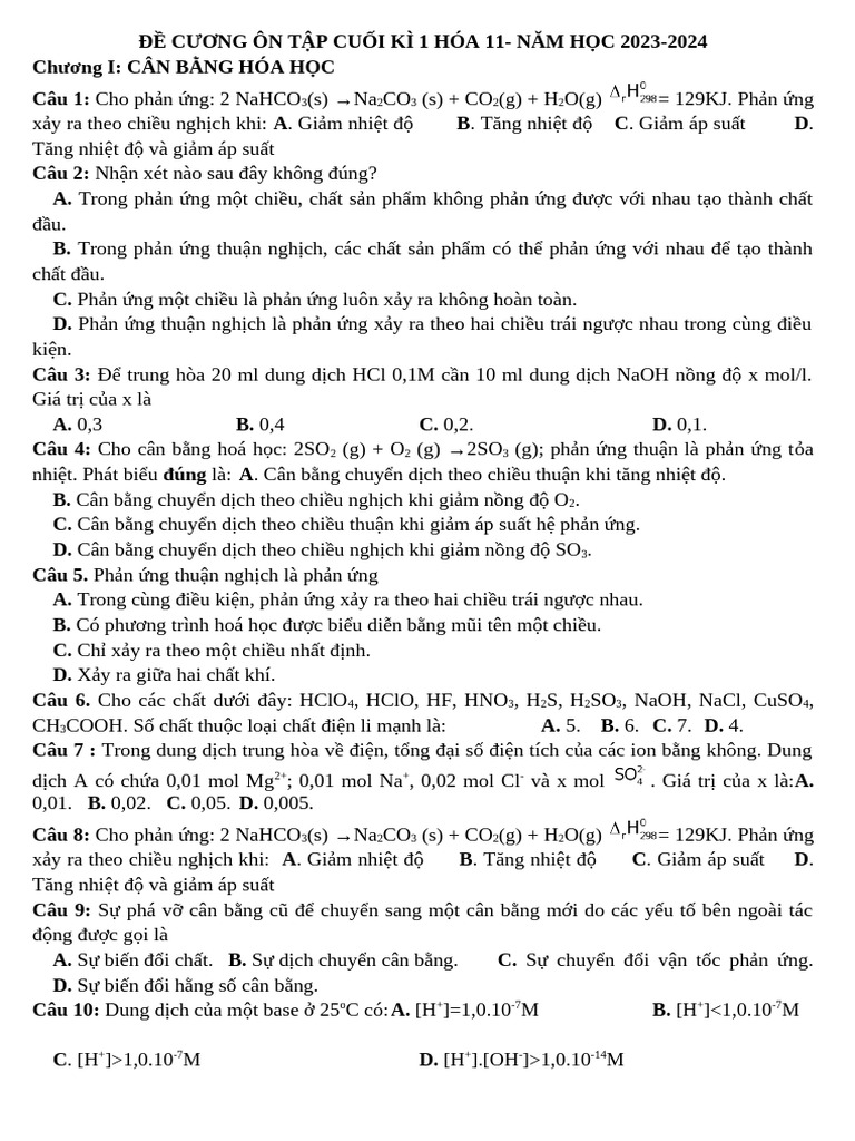 De Cuong On Tap Hoa 11 Ki 1 3 | PDF