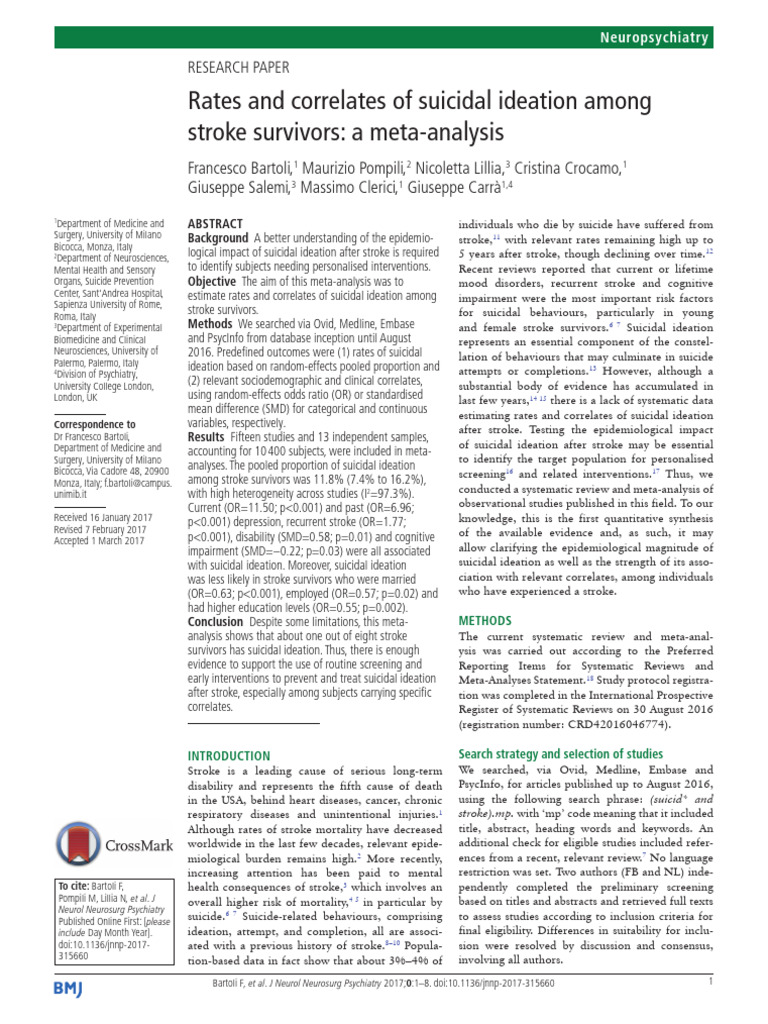 Suicidal Ideation in Stroke Survivors | PDF | Stroke | Meta Analysis