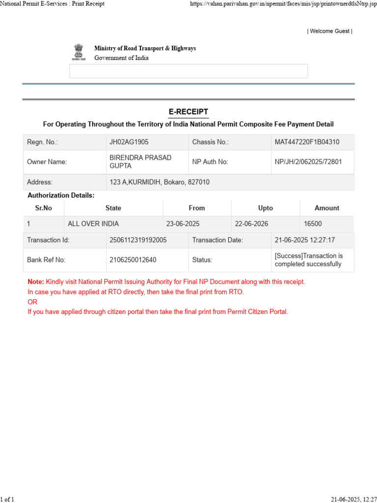 National Permit Fee Payment Receipt | PDF