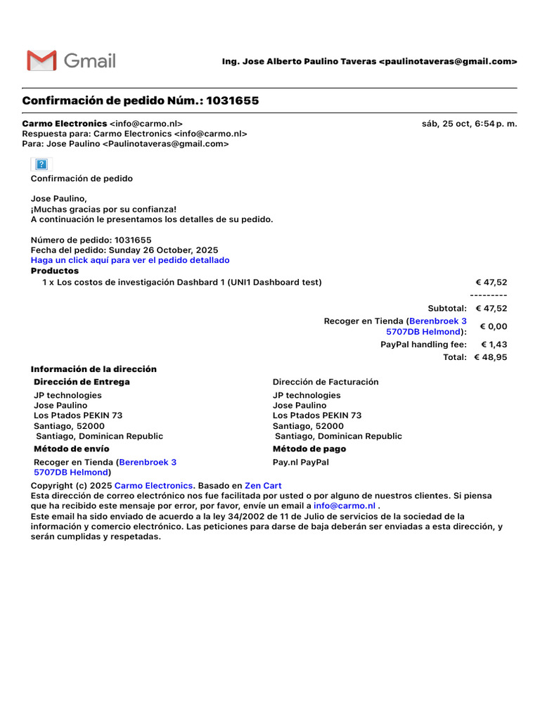 Confirmación de pedido Núm.- 1031655 | PDF