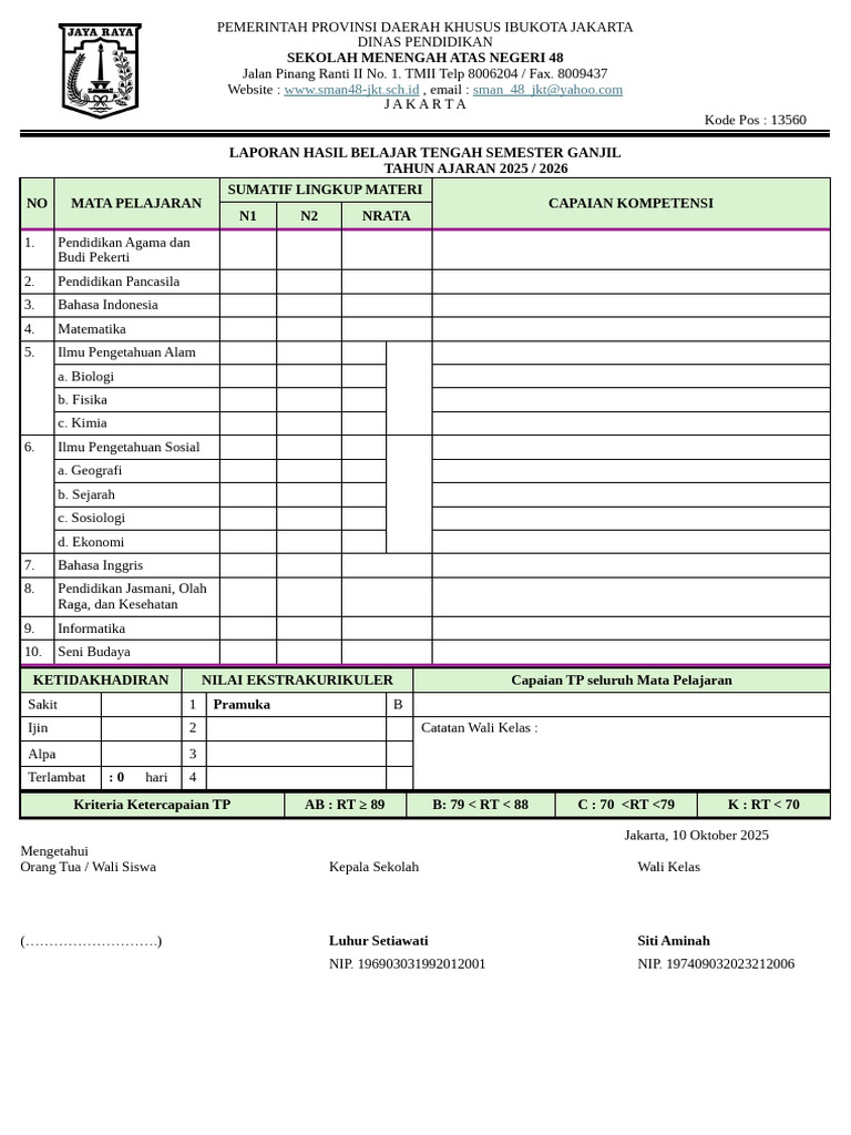 Template Rapor Salinan | PDF
