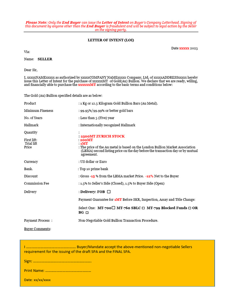 LOI Draft Zurich Gold | PDF | Gold As An Investment | Bullion