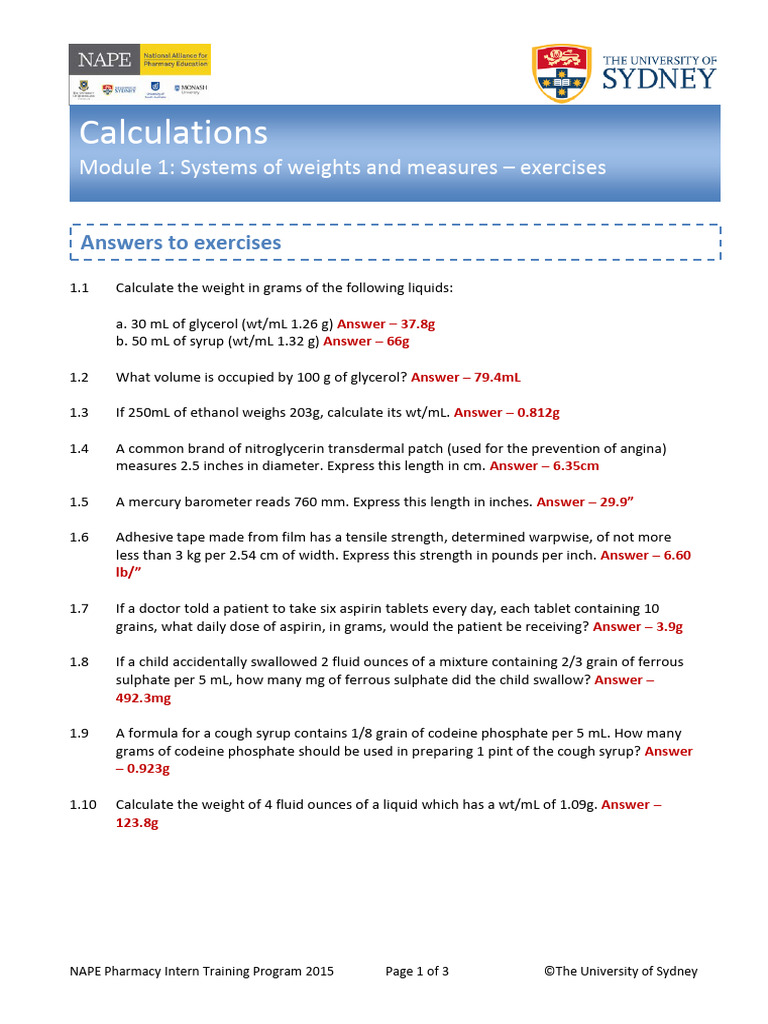CalculationsModule1 2015ExercisesAnswers | PDF | Grain (Unit) | Units ...