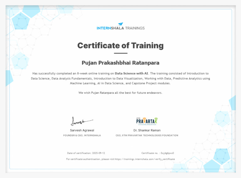 Data Science Training Completion Certificate | PDF