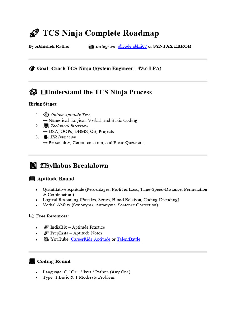 TCS Ninja Preparation Roadmap Guide | PDF | C++ | Computer Programming