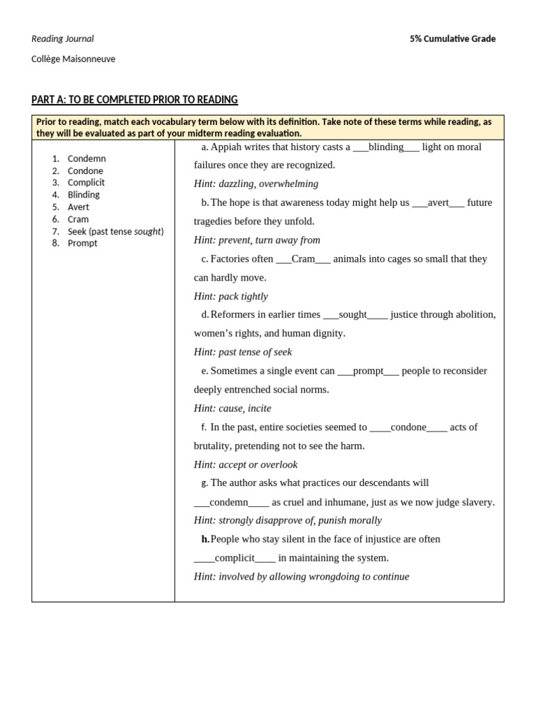 Reading Journal 5 What Will Future Generations Condemn | PDF