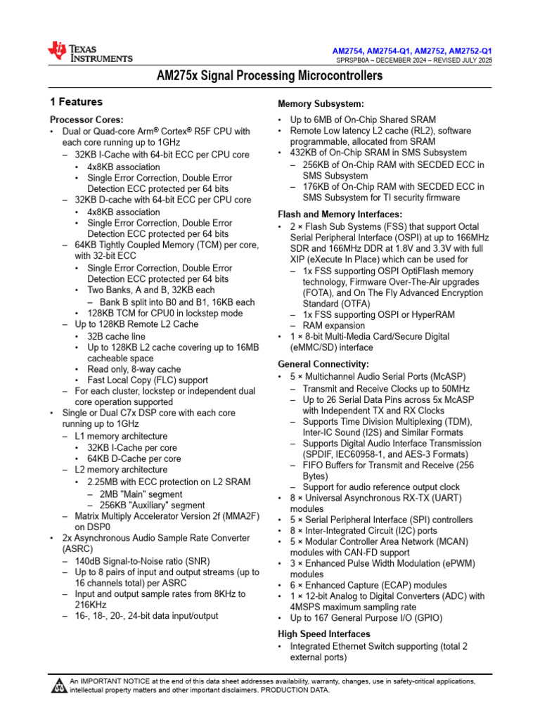 AM275x Signal Processing Microcontrollers: 1 Features | PDF | Usb ...