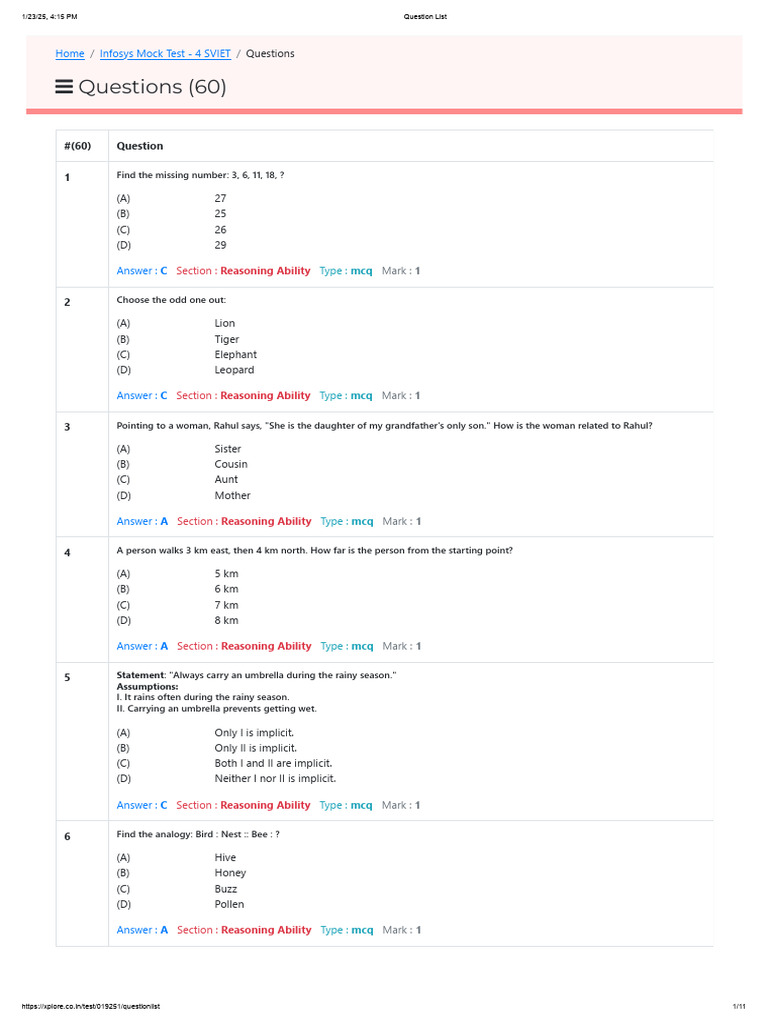 Infosys Mock Test Questions - Reasoning & Technical | PDF | Time ...