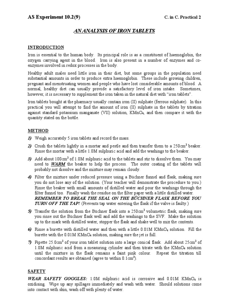 As Expt 10.2(9) an Analysis of Iron Tablets Iron Titration