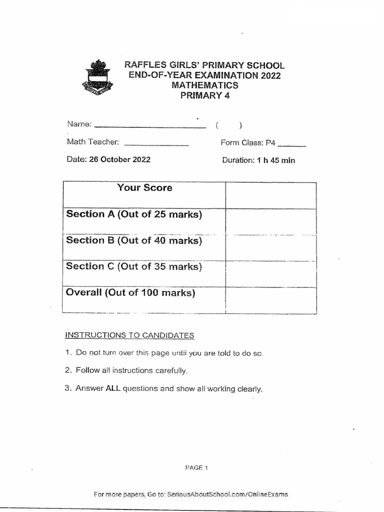 P4 Maths 2022 SA2 - Raffles Girls - With Answer - 1693557071 | PDF