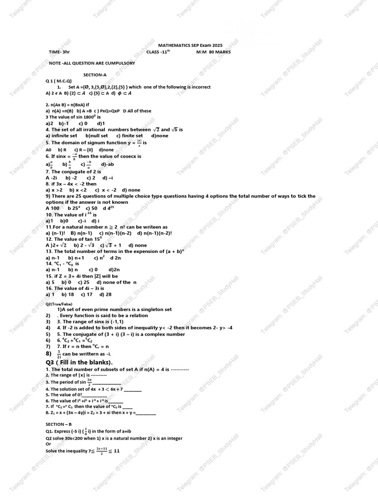 Class 11 Mathematics Exam Questions | PDF | Chess Theory | Chess