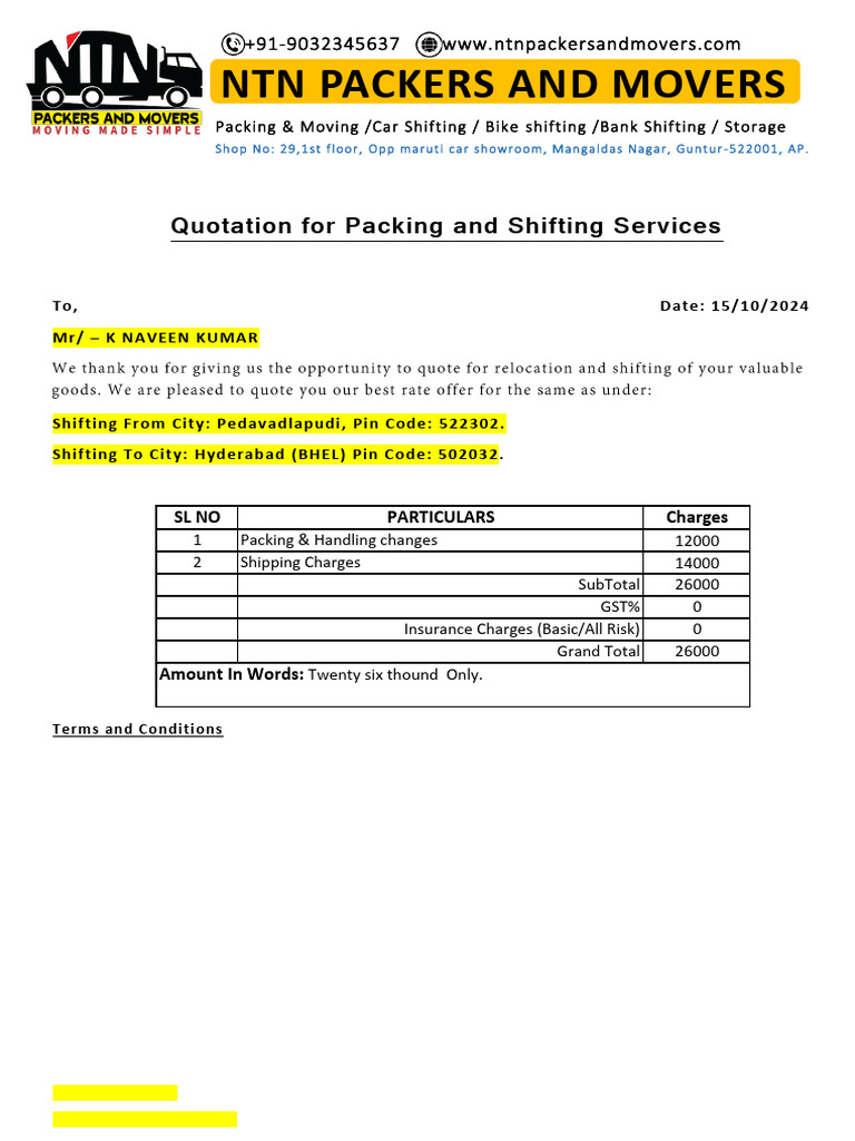 Quotation For NTN Packers and Movers Naveen Garu | PDF
