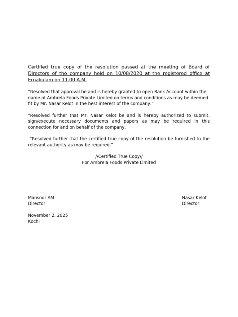Board Resolution for Bank Account Opening | PDF
