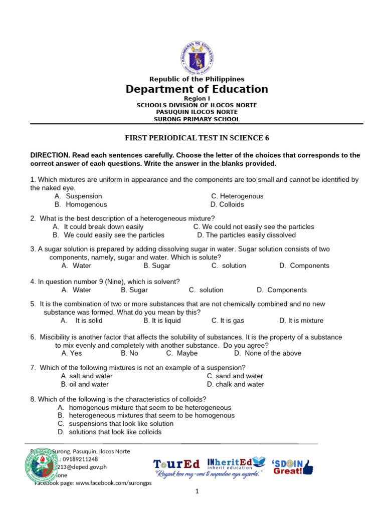 Science 6 Periodical Test on Mixtures | PDF | Mixture | Water