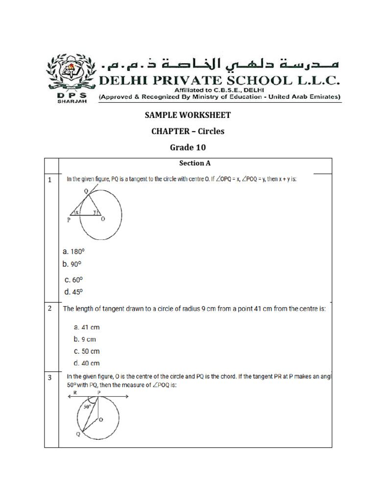 Grade 10 Circle Geometry Worksheet | PDF