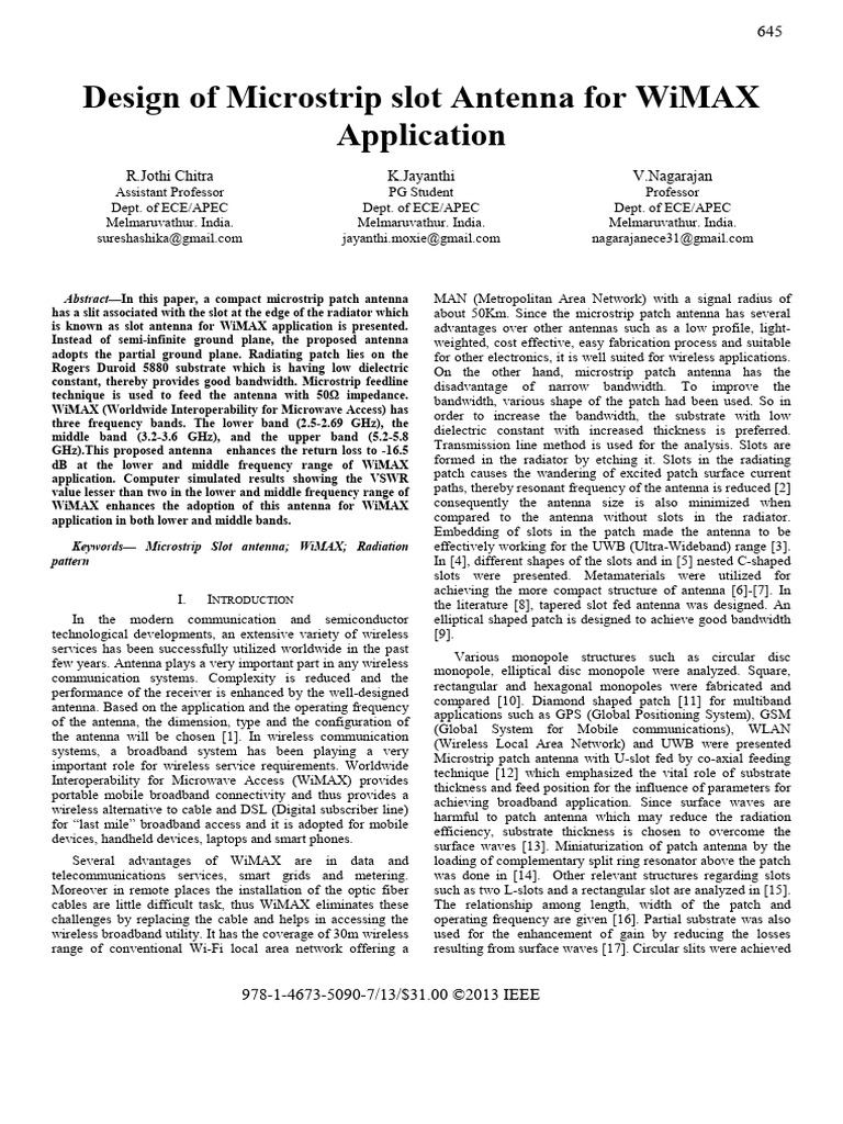 Design of Microstrip Slot Antenna For WiMAX Application | PDF | Antenna ...