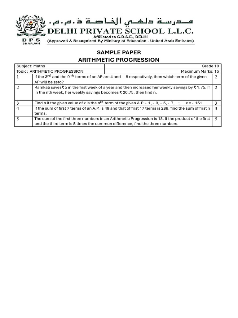 Grade 10 Arithmetic Progression Problems | PDF