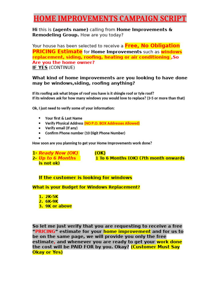 Home Improvement Telemarketing Script | PDF