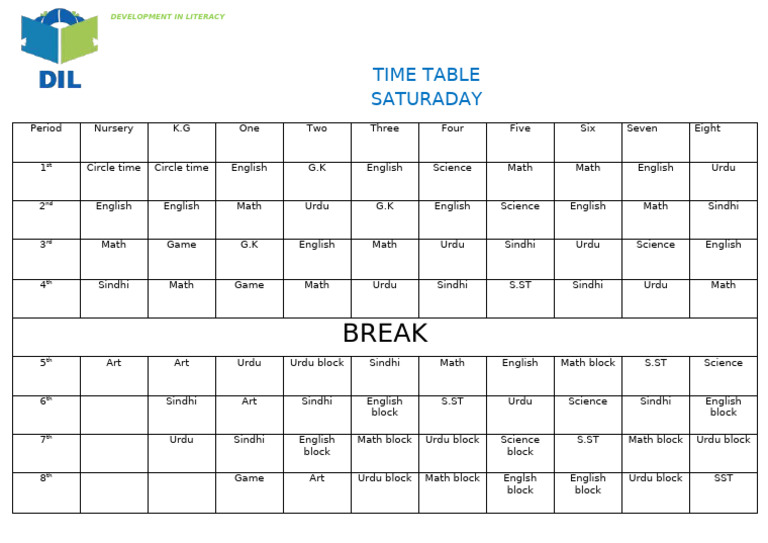 Break: Time Table Saturaday | PDF