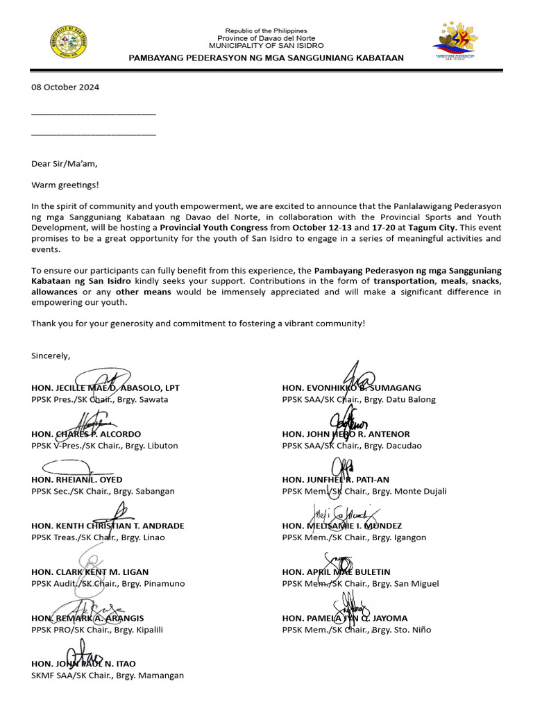 San Isidro Youth Congress Announcement | PDF
