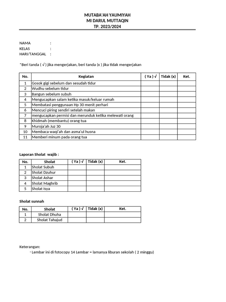 Mutaba'ah Harian Siswa MI 2023/2024 | PDF