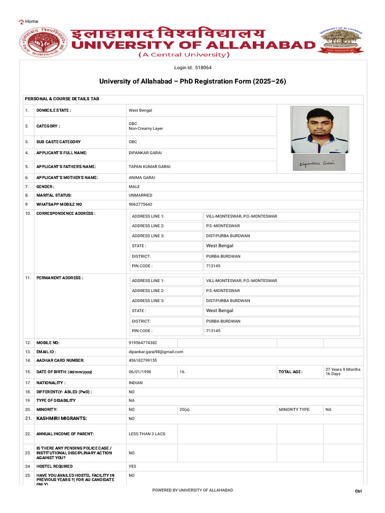 PhD Registration Form 2025-26 - Allahabad | PDF | Doctor Of Philosophy ...