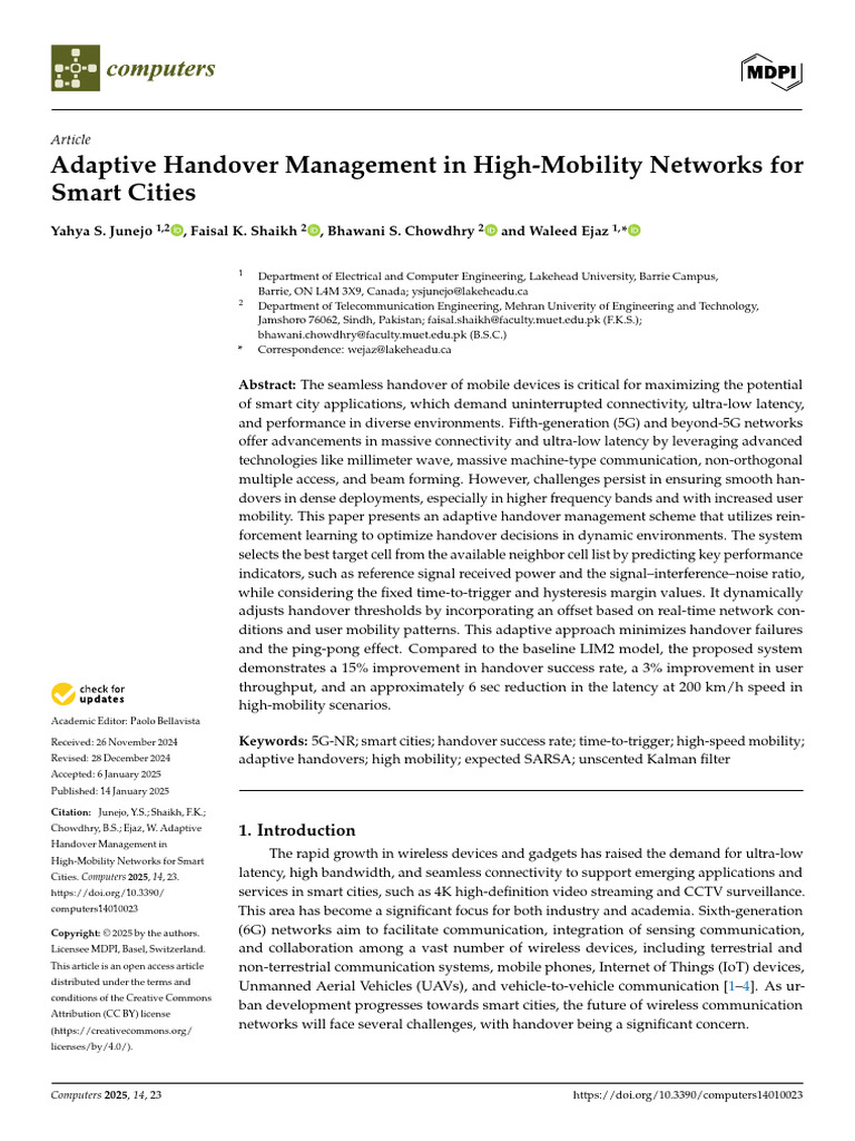 Adaptive Handover for Smart City Networks | PDF | Cellular Network ...