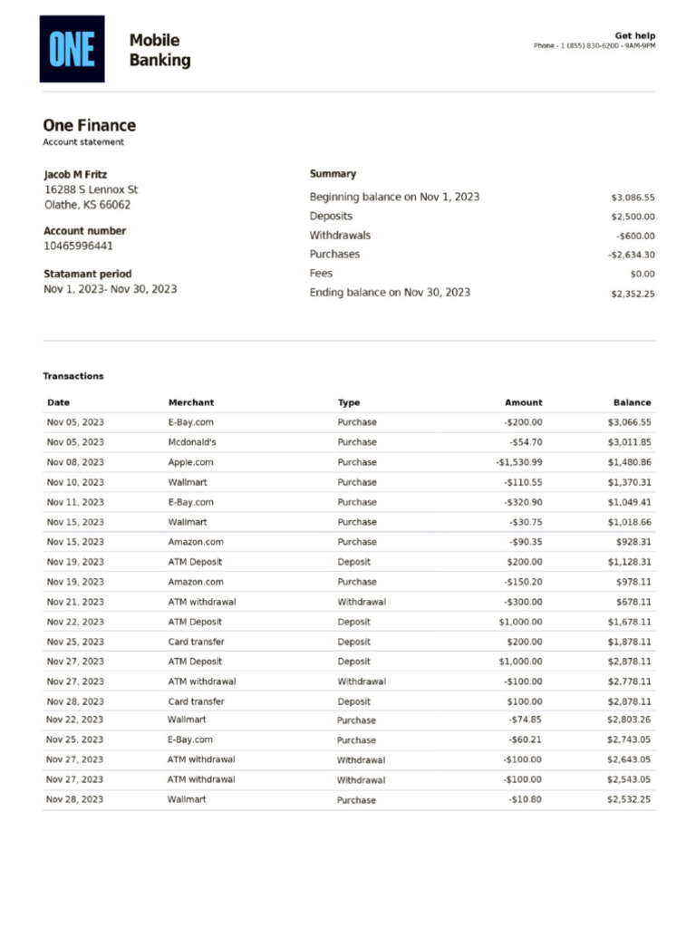 ONE Finance November Account Statements | PDF