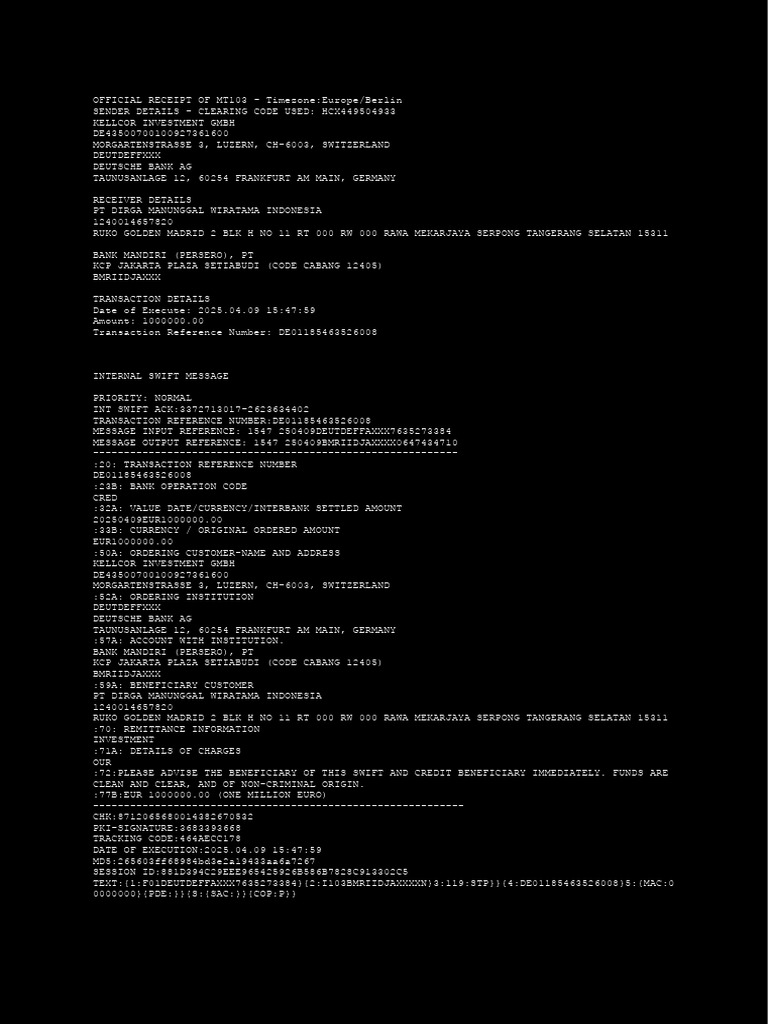 MT103 Receipt for €1,000,000 Transfer | PDF | Transport Layer Security ...