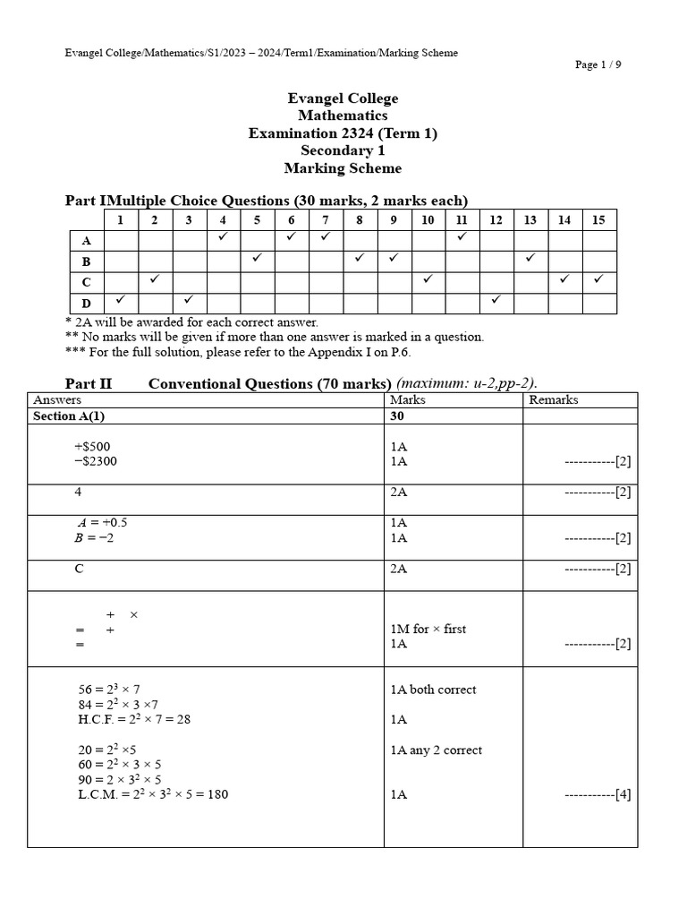 Secondary 1 Mathematics Exam Marking Scheme | PDF