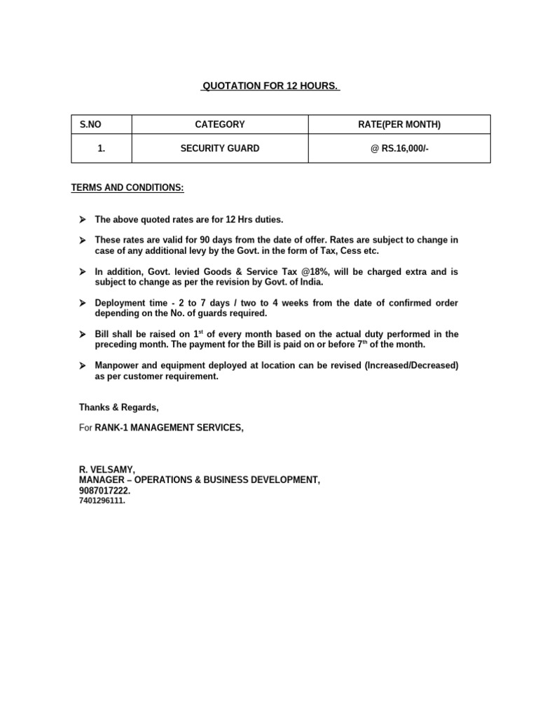 12-Hour Security Guard Quotation | PDF