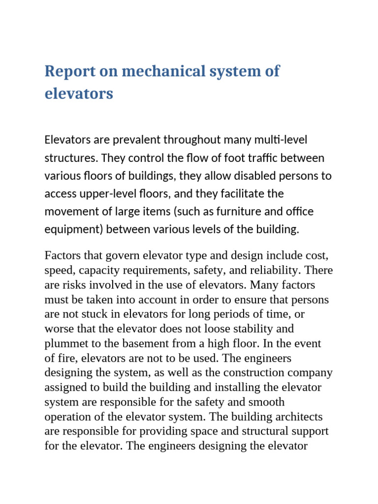 Report On Mechanical System of Elevators, Wind Mills | PDF | Elevator ...