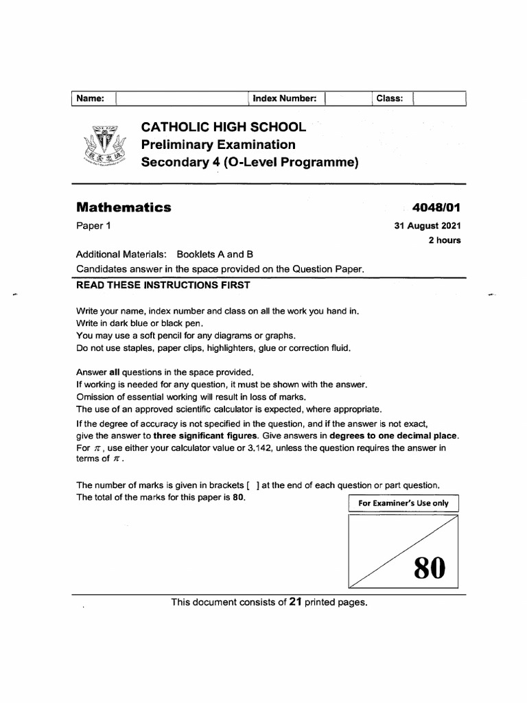 E-Math - Sec 4 Prelims Exam Paper - 2021 - Catholic High - Short Ans | PDF