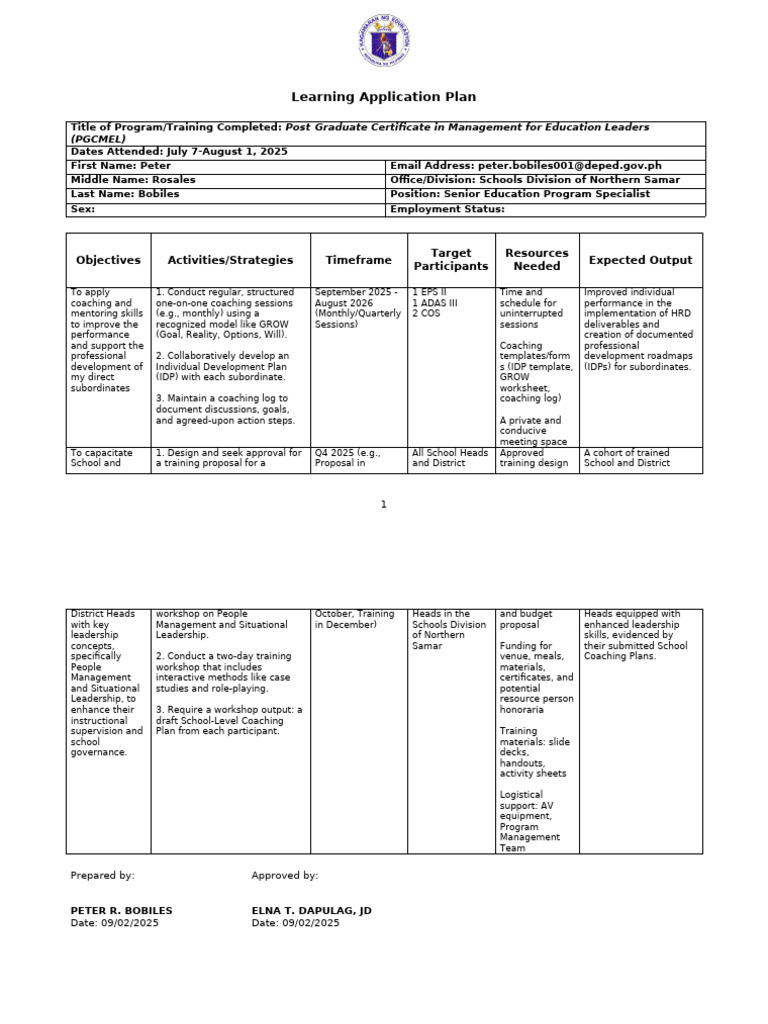 Learning Application Plan Template | PDF