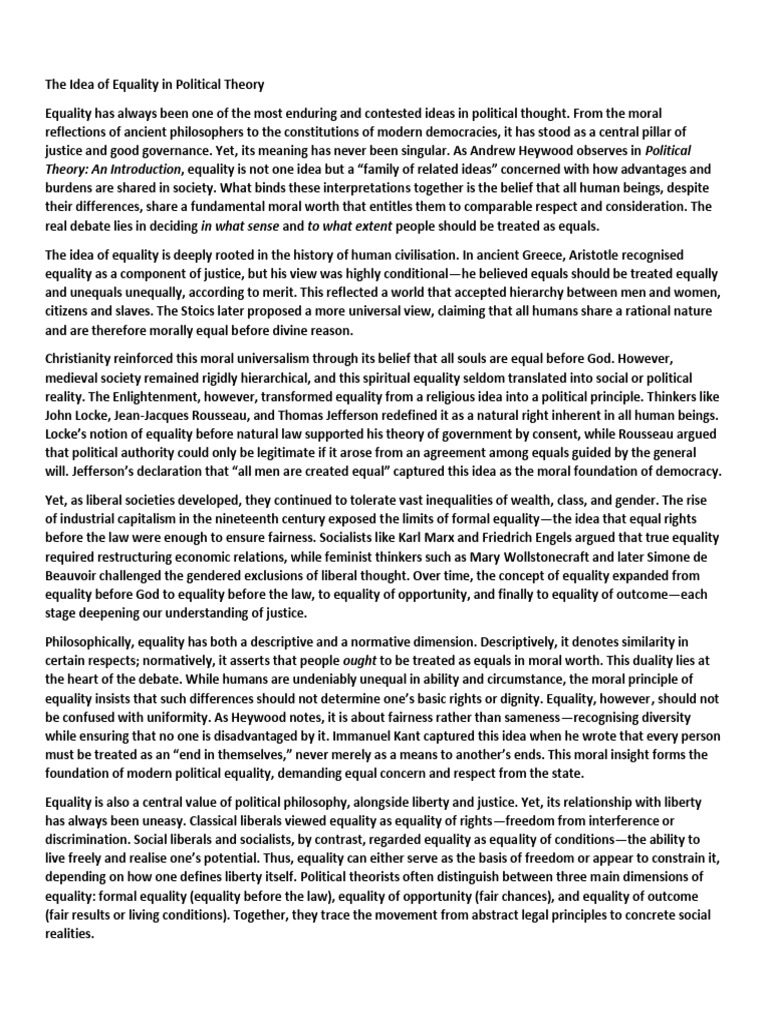 The Idea of Equality in Political Theory | PDF | Equal Opportunity ...
