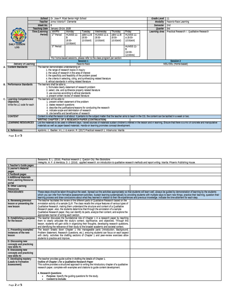 Weekly Lesson Plan: Qualitative Research | PDF | Teachers | Learning