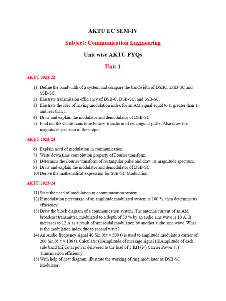 AKTU EC SEM-IV Communication Engineering PYQs | PDF | Frequency ...