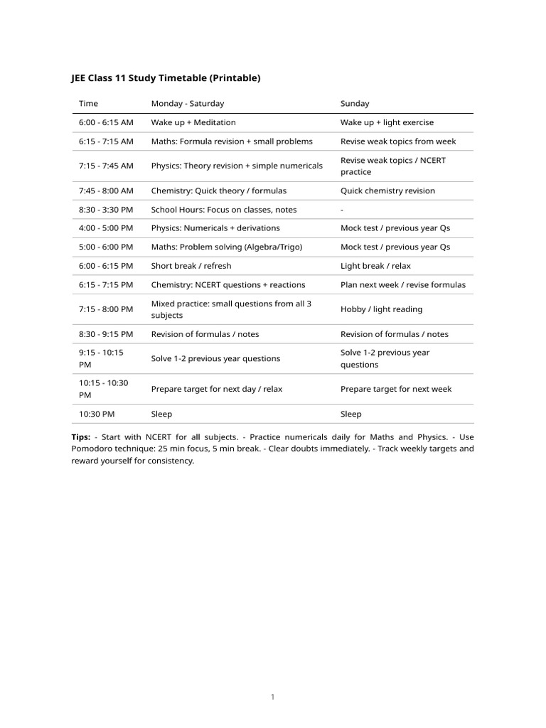 JEE Class 11 Study Timetable Guide | PDF
