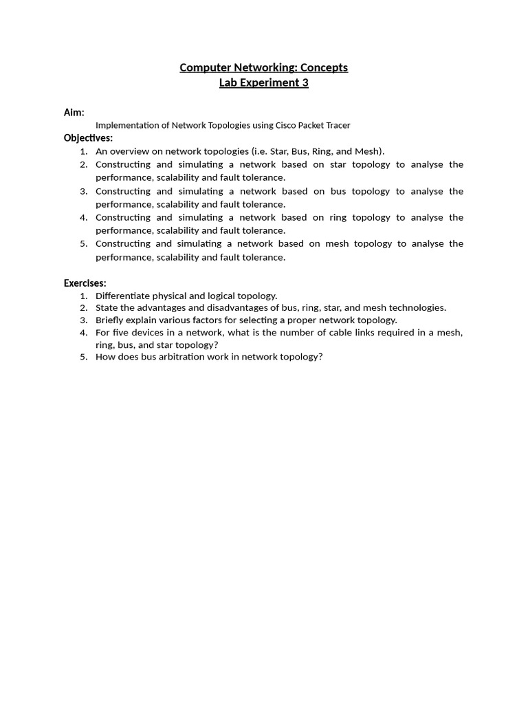 Network Topologies Lab with Cisco Packet Tracer | PDF