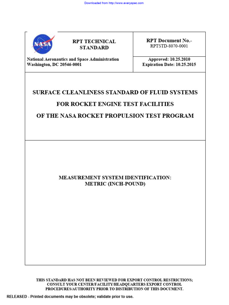 NASA Rocket Engine Cleanliness Standard | PDF | Verification And ...